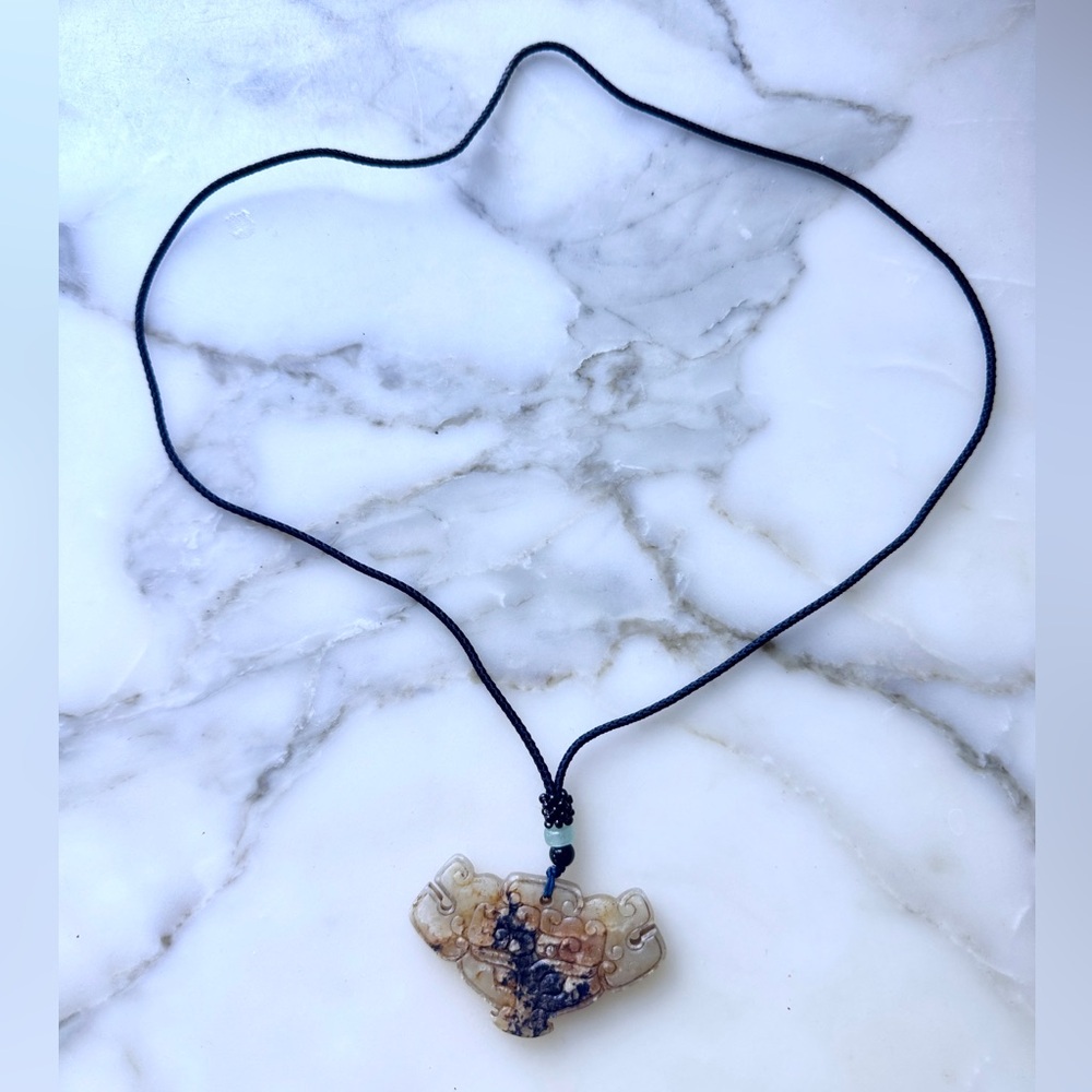 Ancient Jade Auspicious Beast Pendant with black rope necklace